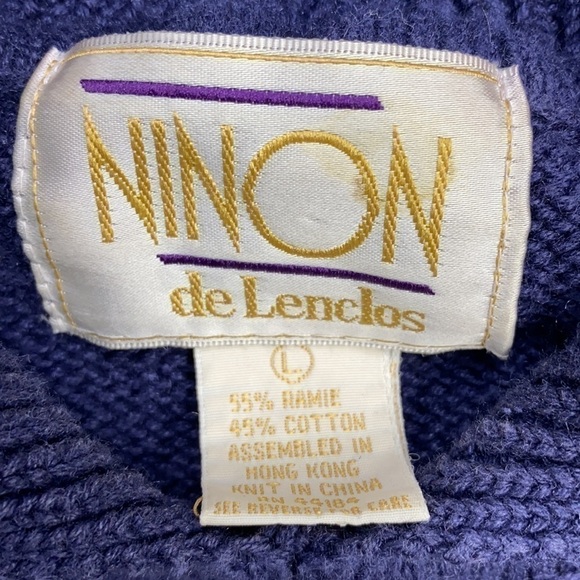 Vintage Ninon de Lenclos Blue Knit Needlework Floral Granny Sweater Large - Picture 5 of 7
